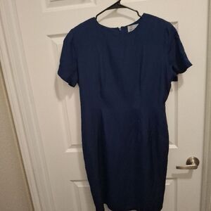 ADRIANNA PAPÉLL Size 12 Dark Blue Short Sleeve Back Zipper‎ Silk Elegant Dress